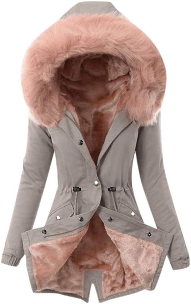 WUAI-Women Winter Warm Coat Hooded Fleece Lined Parkas Overcoat Faux Fur Hood Fuzzy Sherpa Outwea... | Amazon (US)