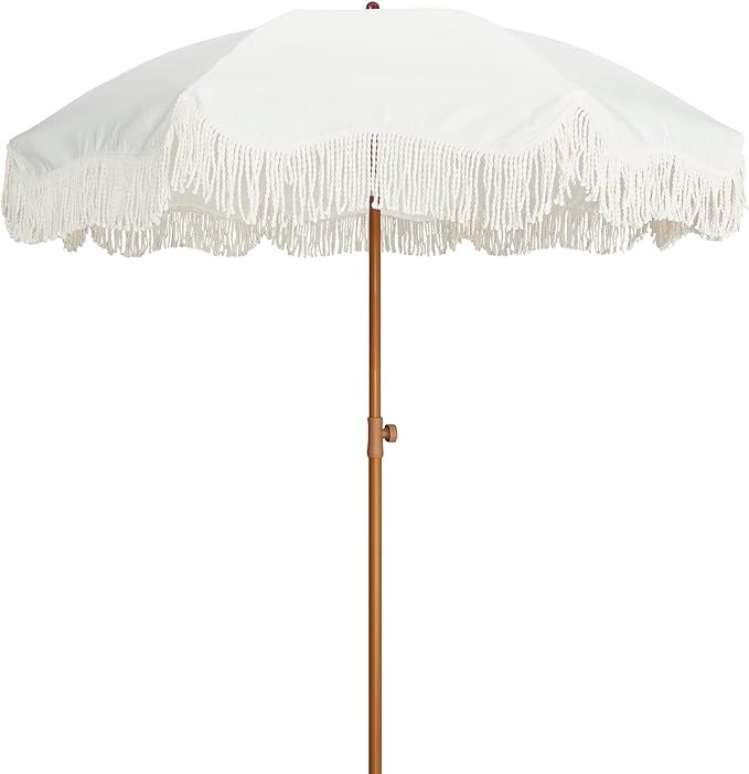 AMMSUN Boho Outdoor Umbrella with Tassels, 6.5ft Fringe Beach Umbrella, UPF50+ Picnic Umbrella Ou... | Amazon (US)
