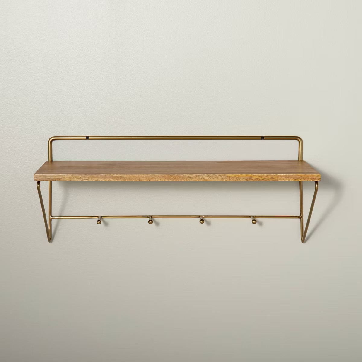 24" Wood & Brass Wall Shelf with Hooks - Hearth & Hand™ with Magnolia: Stained Mango, Iron Fram... | Target