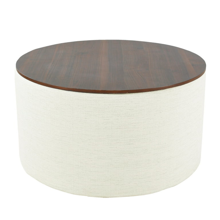 HomePop Large Modern Round Storage Ottoman with Wood Lift-Top Lid, Cream/Dark Walnut | Walmart (US)