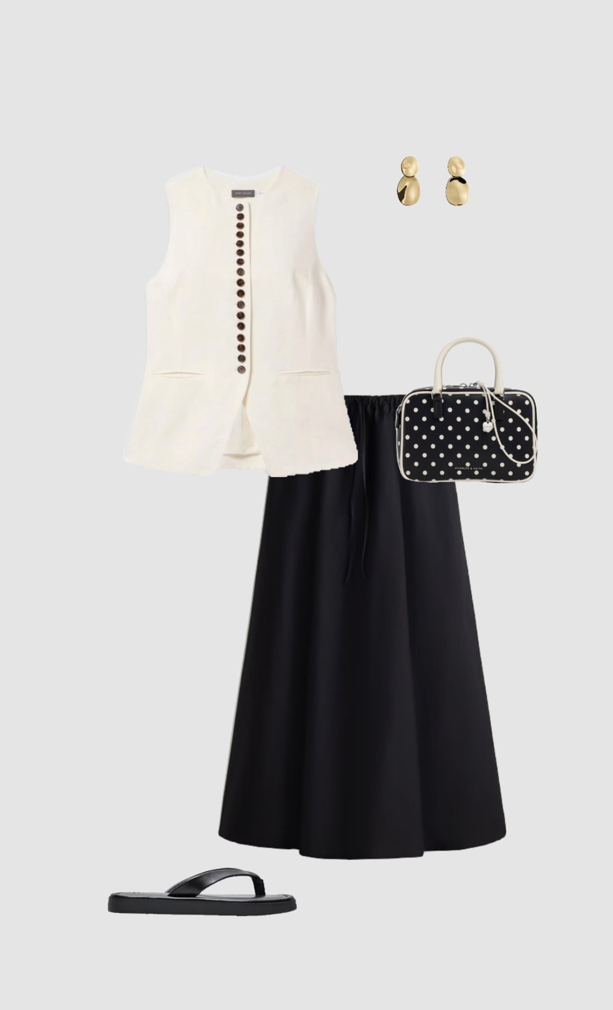 Get 15% off Charles & Keith with code COMAMBW15JESSIE  ✨ (must be logged into your account for the discount to apply) 

Cream Linen Longline Button Waistcoat Top, Black Maxi Skirt, Polka Dot Bag & Sandals Summer Evening Date Night Outfit 🤍

• night out going out outfits spring outfit holiday outfits polka dot bag city break outfits hen do wedding outfits bridal bride outfit 2026 uk trendy outfits pub beer garden outfit brunch outfits mint velvet •

#LTKdatenight #LTKuk #LTKxMintVelvet