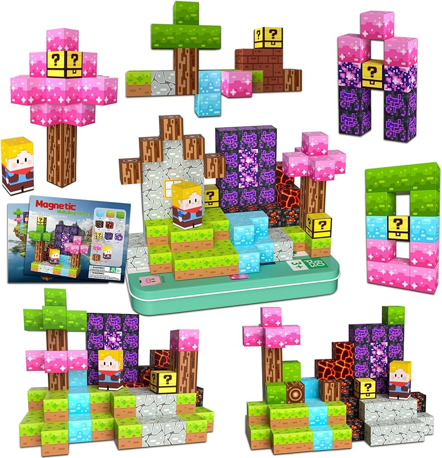 Magnetic Blocks Minecraft-Style Magnetic Building Blocks Cubes - 60PCS Tin Box Travel Magnet Toys... | Amazon (US)