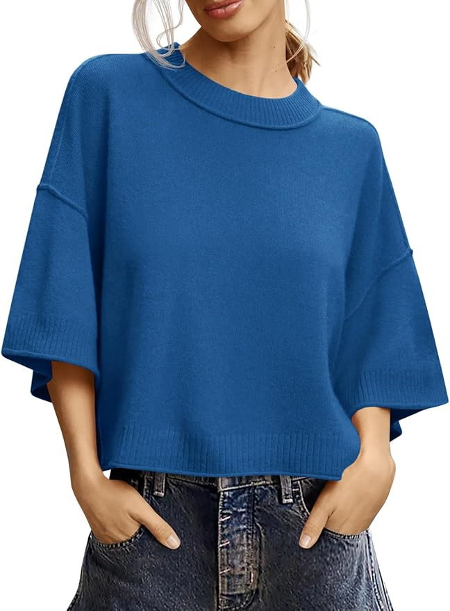 Saodimallsu Womens Short Sleeve Sweater Oversized Cropped Sweaters Knit Top | Summer,Casual,Crew ... | Amazon (US)