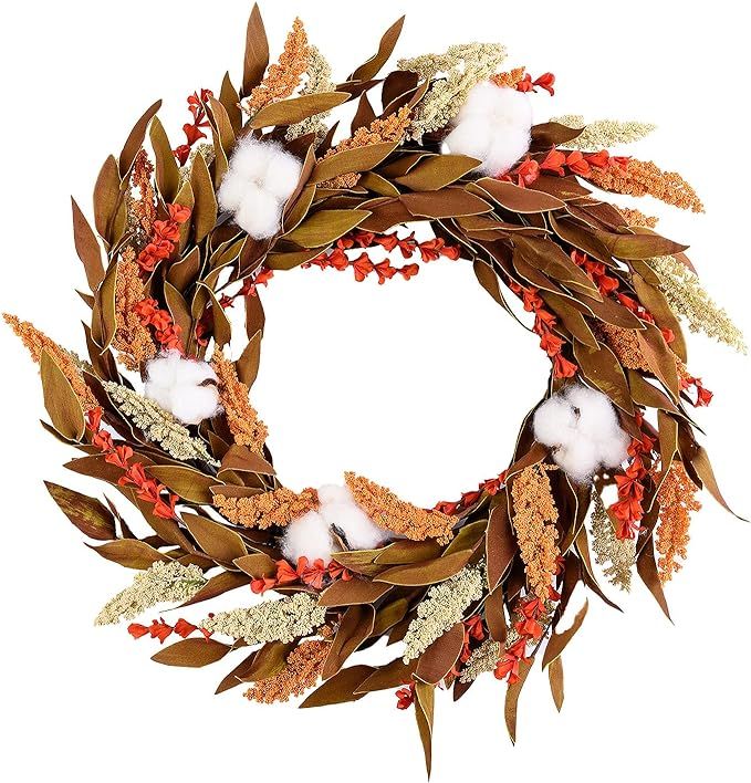 Foeyyir Autumn Wreath, 20 Inch, Fall Grain Wreath for Front Door with Gold Wheat and Cotton, Hall... | Amazon (US)