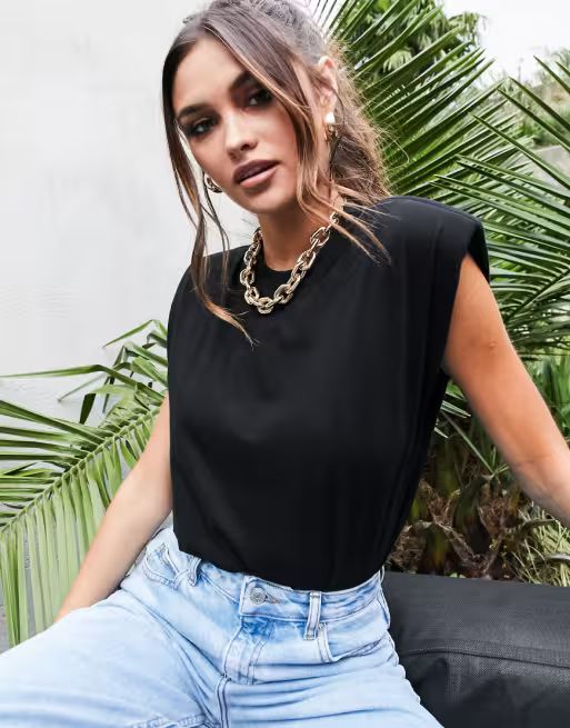 ASOS DESIGN sleeveless t-shirt with shoulder pads in black | ASOS (Global)