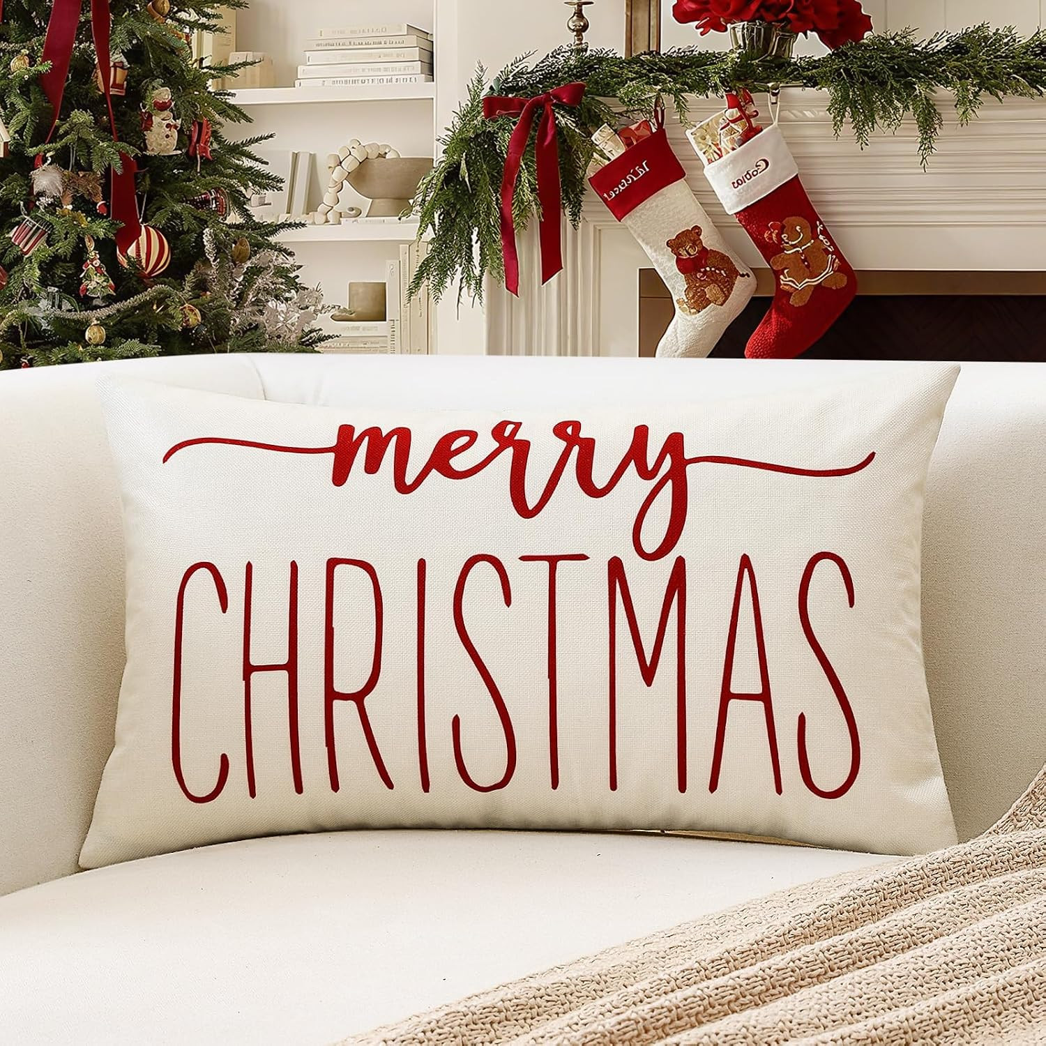 OTOSTAR White Red Christmas Lumbar Pillow Cover 12x20 Inches for Xmas Decorations Merry Christmas Throw Pillow Covers Winter Holiday Cushion Case Decoration for Sofa Couch | Amazon (US)