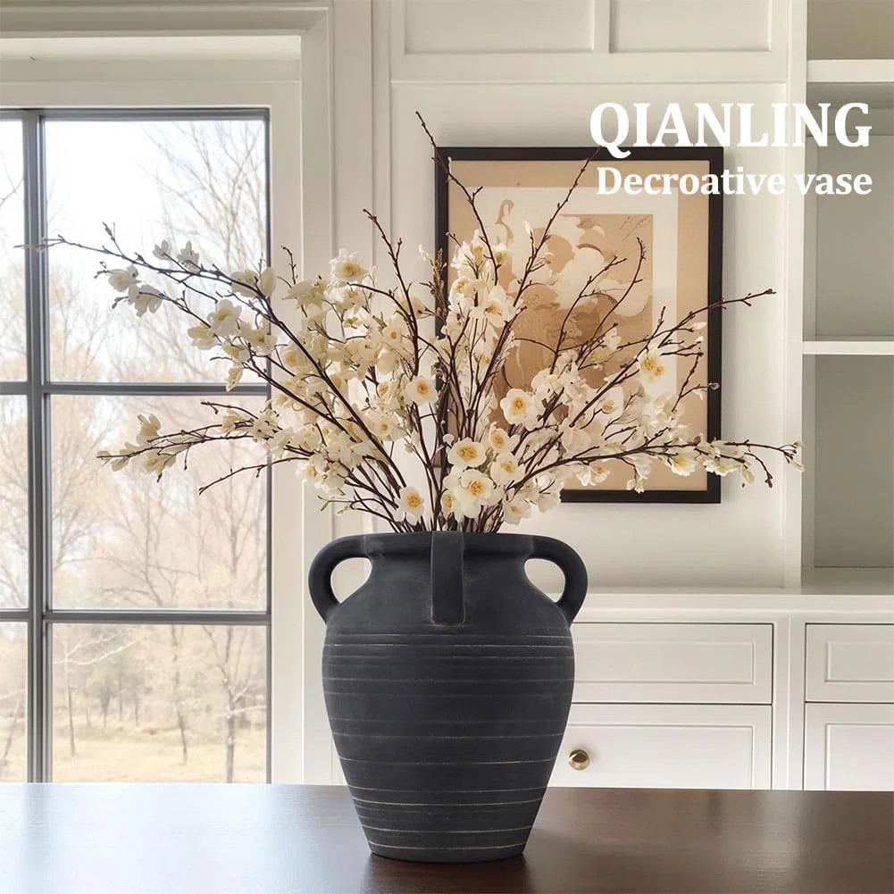 Handcrafted Black Ceramic Vase With Rustic Four-Handle Design, Wide Mouth For Floral Arrangements... | Wayfair North America