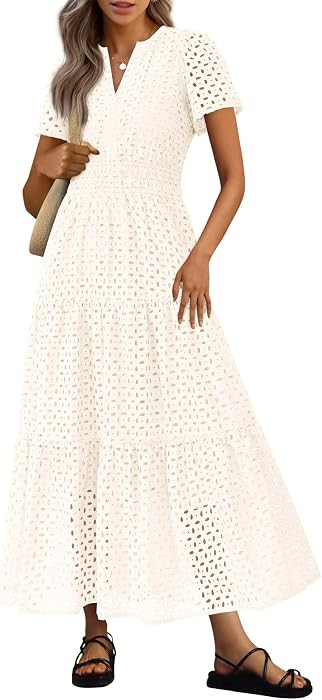 PRETTYGARDEN Womens 2026 Summer Maxi Dress Short Sleeve V Neck Hollow Out Eyelet A Line Long Flow... | Amazon (US)