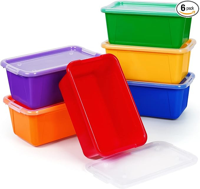 GAMENOTE Multicolor Storage Bins with Lids - 5 Qt 6 Pack Small Cubby Bins Stackable Plastic Conta... | Amazon (US)