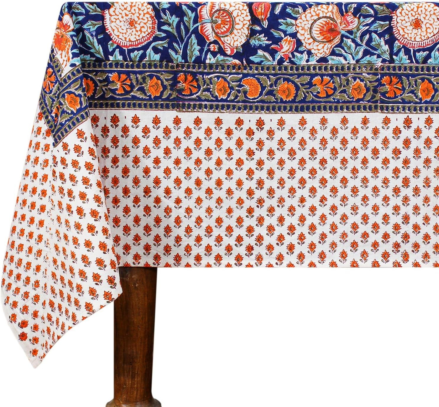 60x60 Inches Square Hand Block Printed Cotton Tablecloth, Blue Orange Floral Washable, Indian Table Linen for Christmas Thanksgiving Gifts Home Decor Dinning Outdoor | Amazon (US)