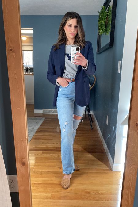 Ootd 
Classic suiting navy blazer for spring summer Abercrombie 
Graphic thin sweater ZSupply 
Straight leg denim Abercrombie 
Huaraches 

#LTKSpringSale #LTKSeasonal #LTKfindsunder100