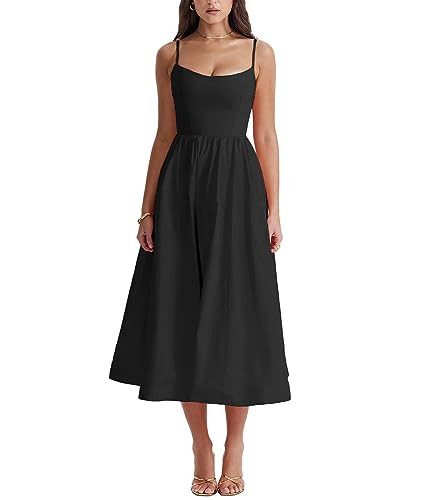 Rooscier Women's Spaghetti Strap Sleeveless High Waist Ruffle A Line Pockets Midi Dress Black Small | Amazon (US)