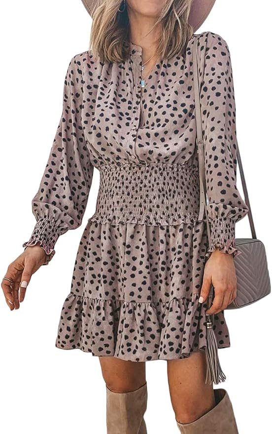 Kaei&Shi Leopard Dresses for Women Smocked Ruffle Dress Chiffon Animal Print Mini Dresses | Amazon (US)