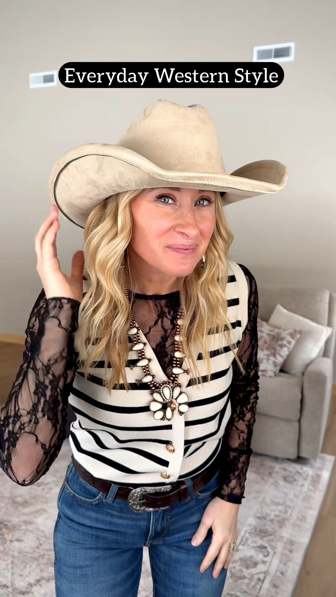 Modern cowgirl style that still works for the office. I paired a striped knit with lace sleeves, a statement squash blossom–style necklace, denim, and a classic belt to give subtle western vibes without looking costumey. Hat or no hat, both work! 

Save this for casual Friday, country concerts, or girls’ night after work and tap the pic to shop every piece.

#LTKWorkwear #LTKootd #LTKSeasonal