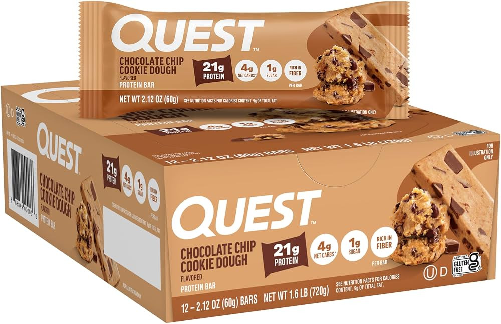 Quest Nutrition Chocolate Chip Cookie Dough Protein Bars, High Protein, Low Carb, Gluten Free, Ke... | Amazon (US)