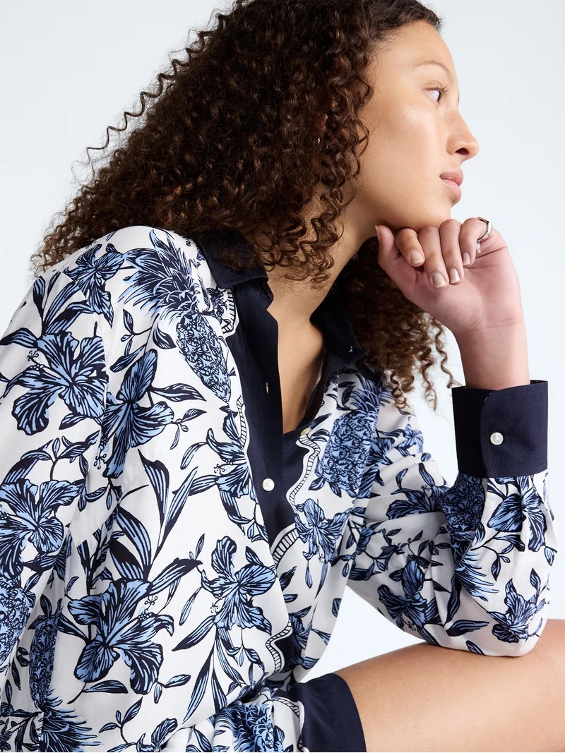 Free Assembly Women's and Women\u2019s Plus Pineapple Print Shirt with Long Sleeves, Sizes XS-4X | Walmart (US)