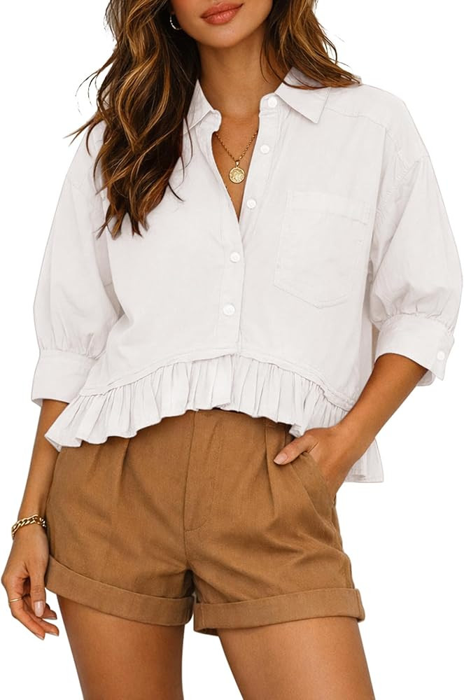 CHYRII Womens Summer Tops Dressy Casual Blouse Top Ruffled Short Sleeve Button Down Striped Shirt | Amazon (US)