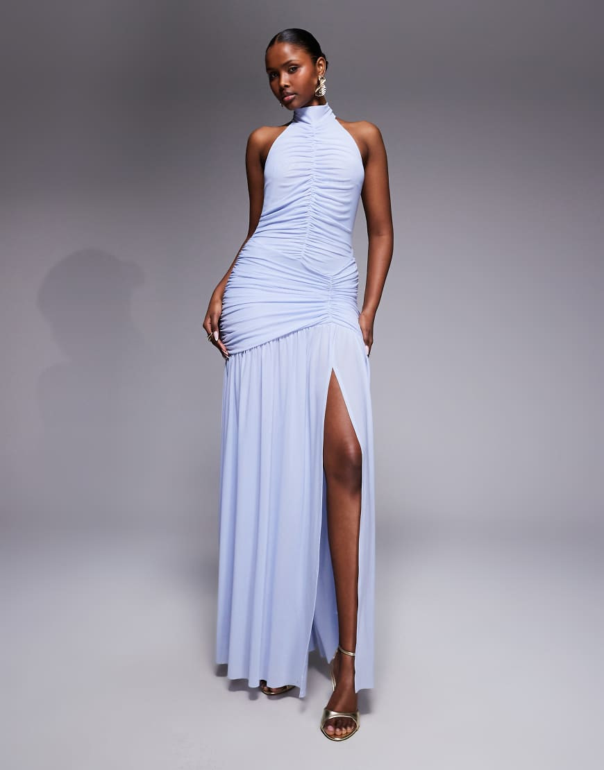 Ruched & Ready sculpting ruched body drape hem open slit maxi dress in soft blue | ASOS (Global)