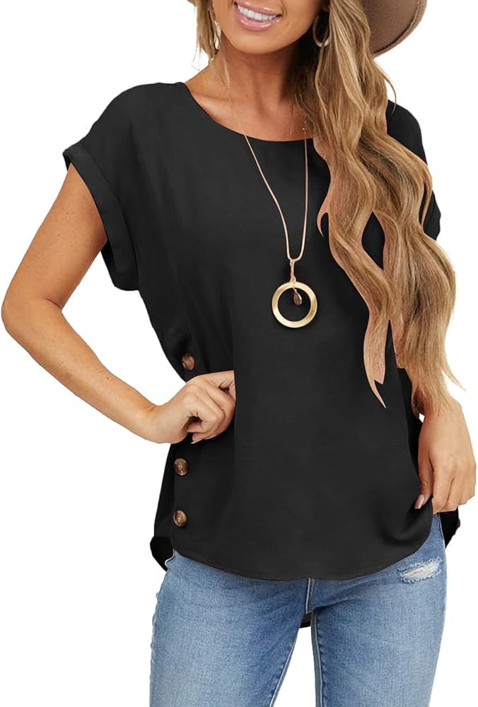 TICTICMIMI Women's Short Sleeve Tops Casual Crew Neck T Shirts Basic Summer Loose Fit Tees with Side | Amazon (US)