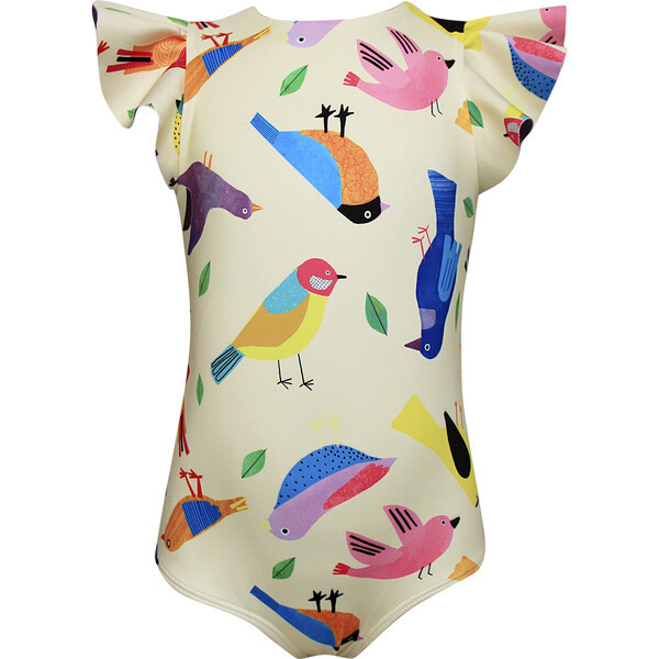 Girls Dayana One Piece Swimsuit, Birds Collage Yellow | Maisonette