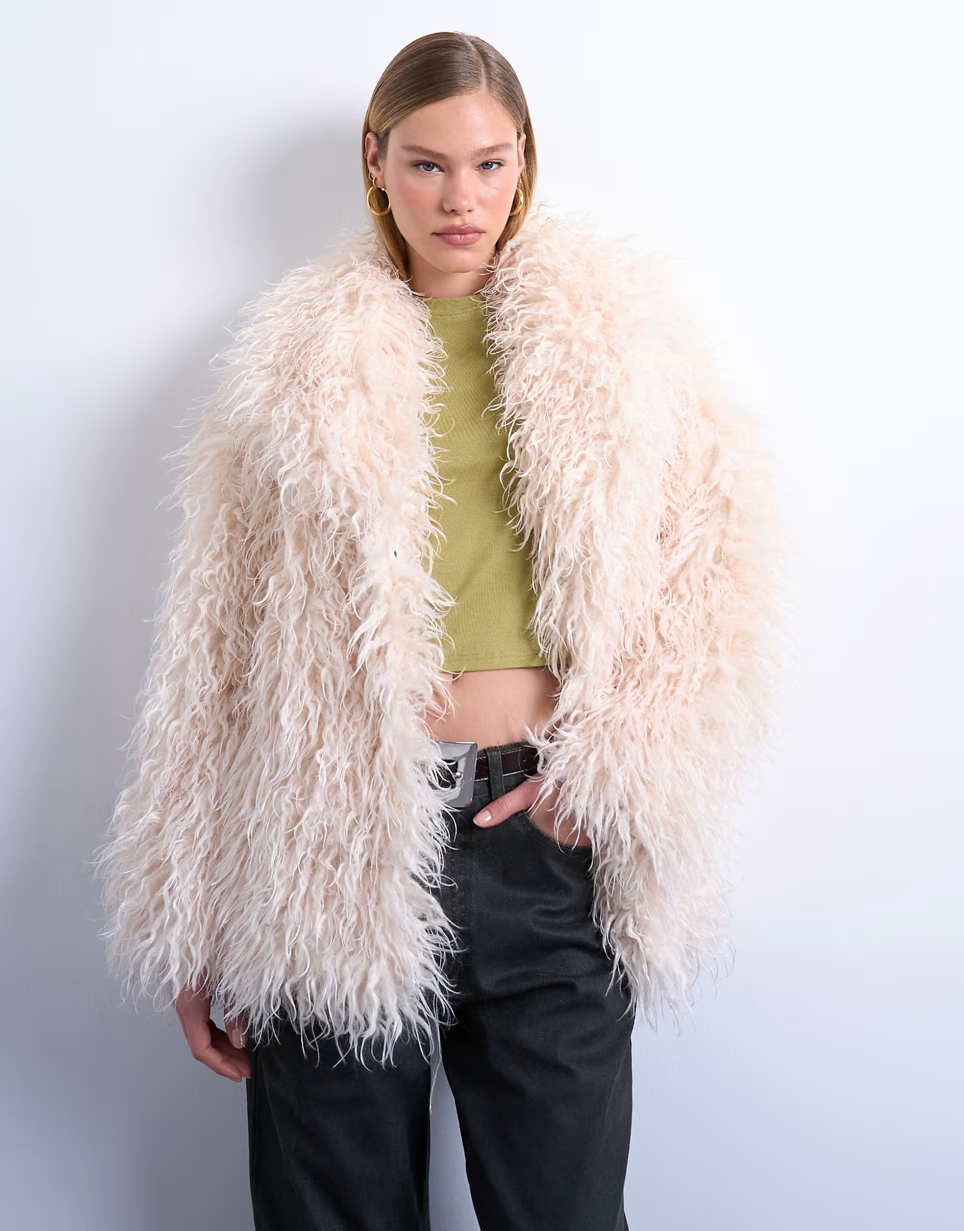 Topshop mongolian faux fur funnel neck mid length coat in white | ASOS (Global)