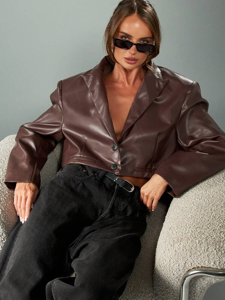 MISSGUIDED Women Cropped Leather Blazer Double Button Front Premium Faux PU Jacket Fashion Fall Winter Chic Short Coat Dressy Evening Outerwear | SHEIN