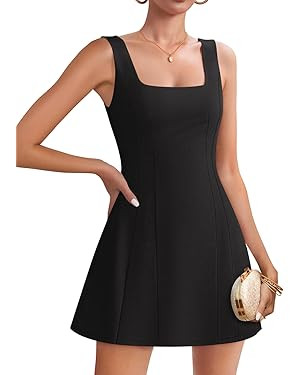 ZESICA Women's 2025 Summer Sleeveless Tank Mini Dresses Square Neck A Line Flare Party Short Dres... | Amazon (US)