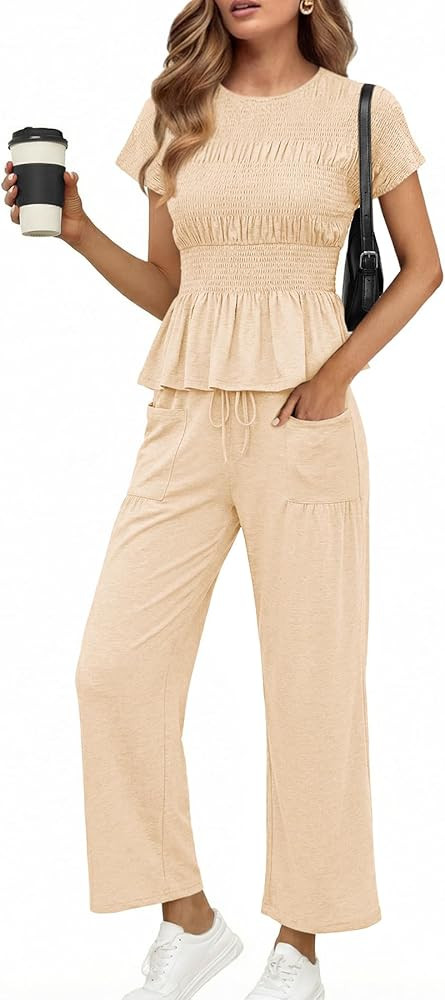 Cicy Bell Womens 2 Piece Outfits Smocked Short Sleeve Tops Wide Leg Elastic Waist Pants Casual Bo... | Amazon (US)