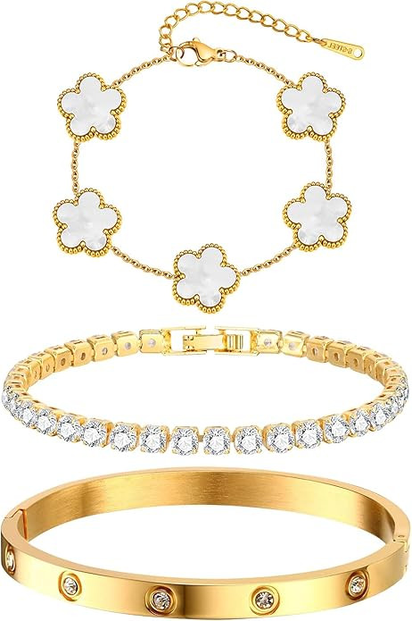 Womens Stackable Floral Gold Bracelets - 3Pcs 18K Gold Plated Bracelet,Stainless Steel Bangle Bra... | Amazon (US)