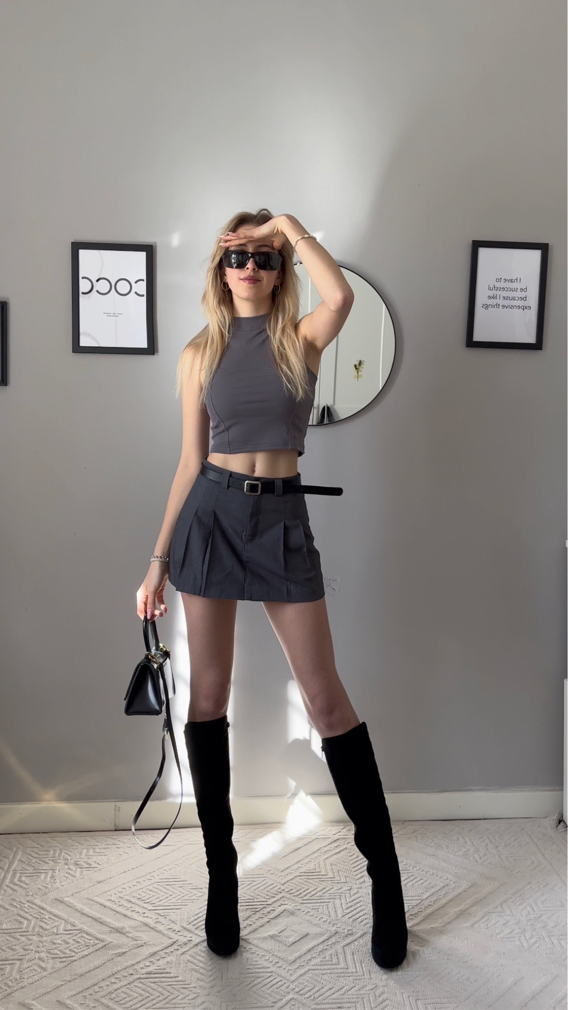 grey crop top, grey mini skirt, sunglasses, shoulder bags, black boots heels

#LTKSeasonal #LTKFind #LTKstyletip