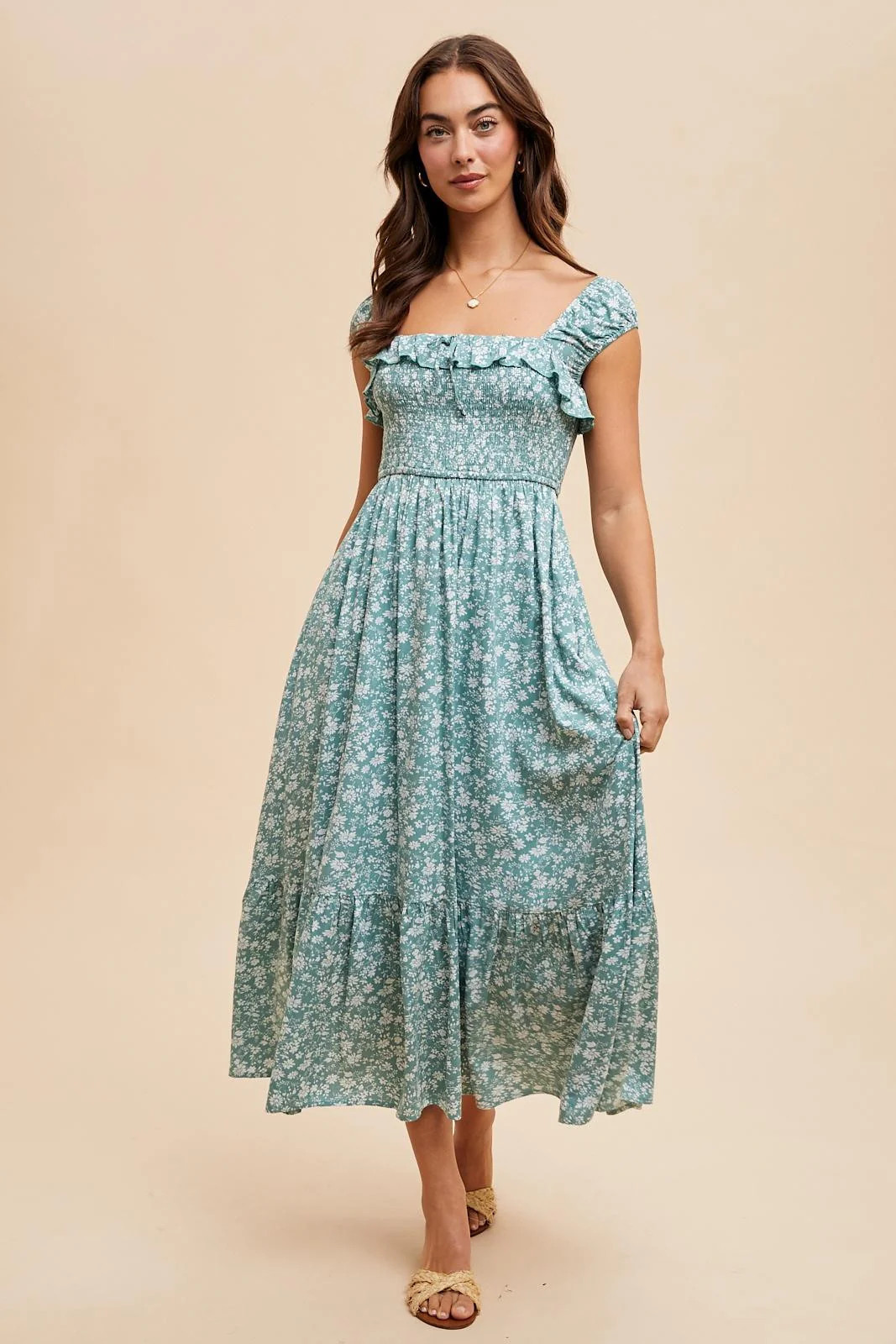Light Olive Floral Smocked Ruffle Detail Midi Dress | PinkBlush Maternity