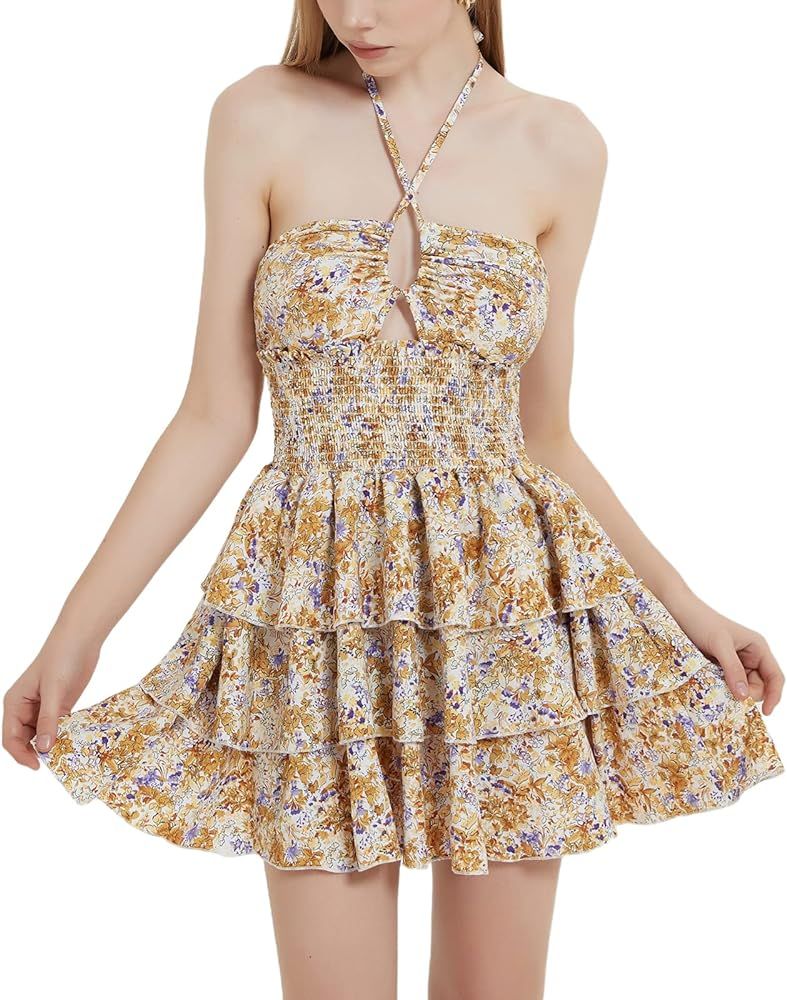 Womens Floral Mini Dress Preppy Smocked Waist Halter Criss Cross Tiered Hem Backless A Line Short... | Amazon (US)
