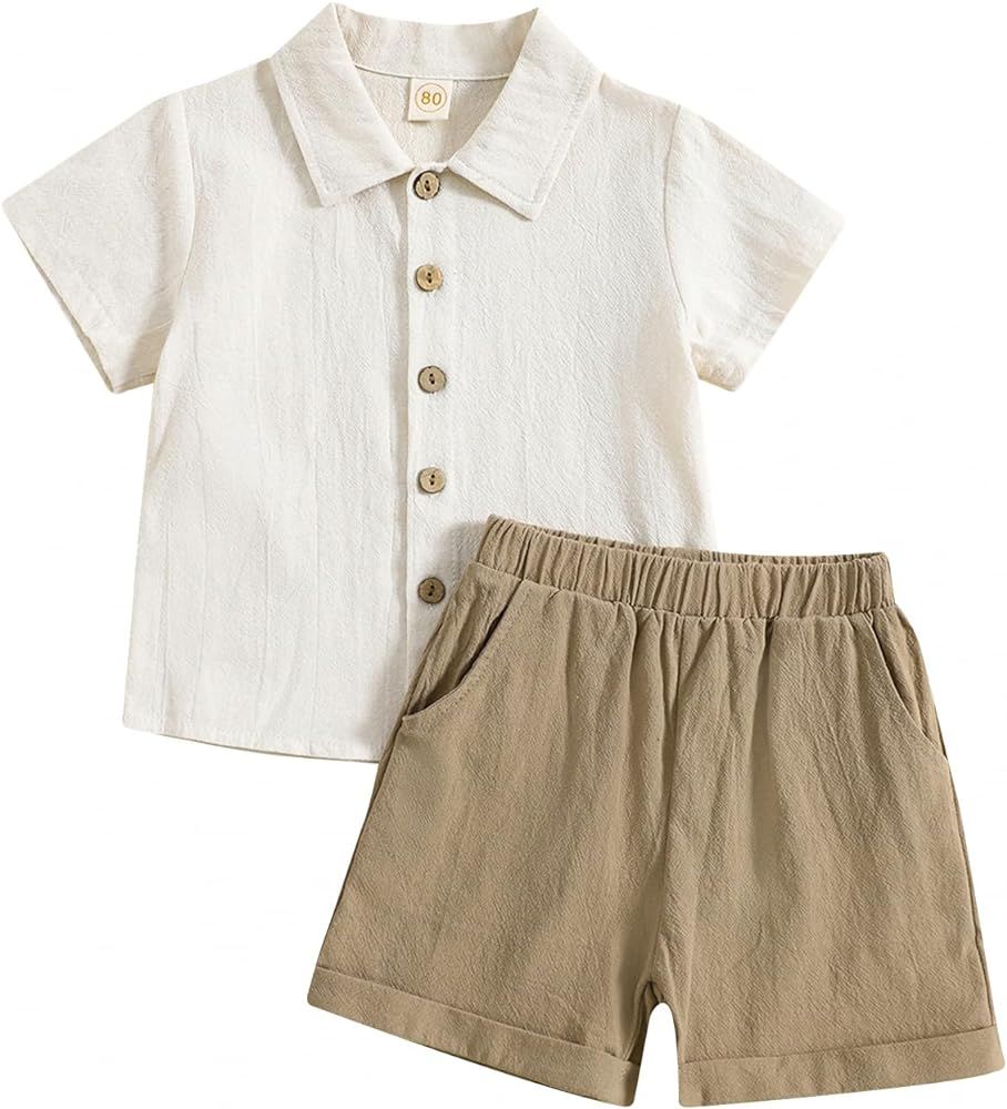 Toddler Baby Boy Linen Outfit Button Down Shirt Plain Shorts Cute Infant Newborn Photoshoot Cloth... | Amazon (US)