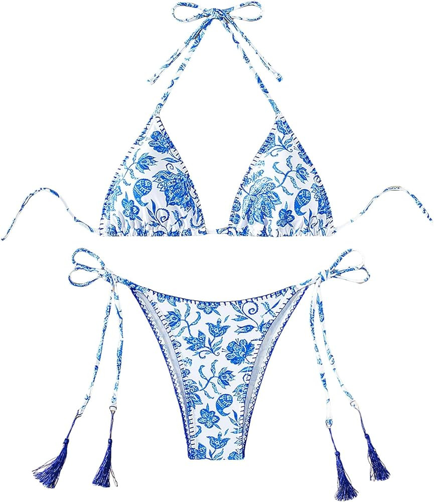Verdusa Women's Tassel Tie Side Triangle Bikini Sets Floral Print 2 Piece Bathing Suit | Amazon (US)