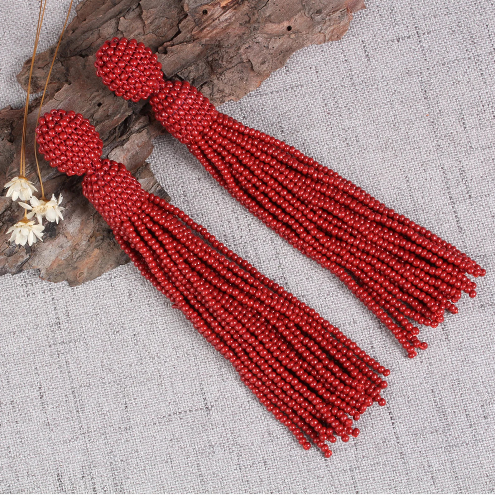 Wine Red Beaded Tassel Earring, oscar de la renta style, Long-tassel handmade earrings, Christmas... | Etsy (US)