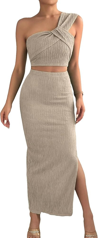 OYOANGLE Women's 2 Piece Outfits Textured One Shoulder Crop Top and Split Thigh Bodycon Maxi Skir... | Amazon (US)