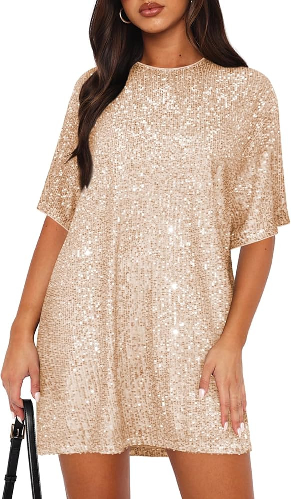Women's Crew Neck Sequin Dress for Women Sexy V Neck Shirt Dress Sparkly Half Sleeve Loose Party ... | Amazon (US)