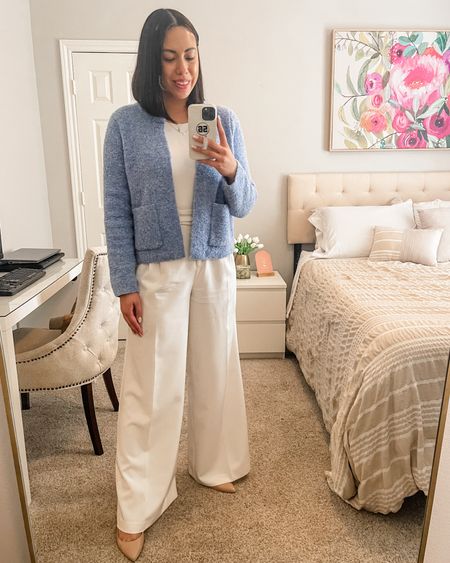 For an easy and cute spring workwear look, I styled my favorite spring jacket with an all white base.

- Boucle Jacket: Size Medium 
- High Neck Bodysuit: Size Medium 
- White Wide Leg Pants: Size 4
- Nude Pumps: Size 8

#LTKSeasonal #LTKworkwear #LTKstyletip