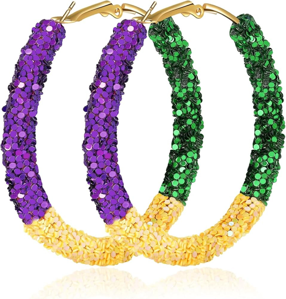 Mardi Gras Hoop Earrings for Women Lightweight Purple Yellow Green Glitter Hoop Earrings for Mard... | Amazon (US)