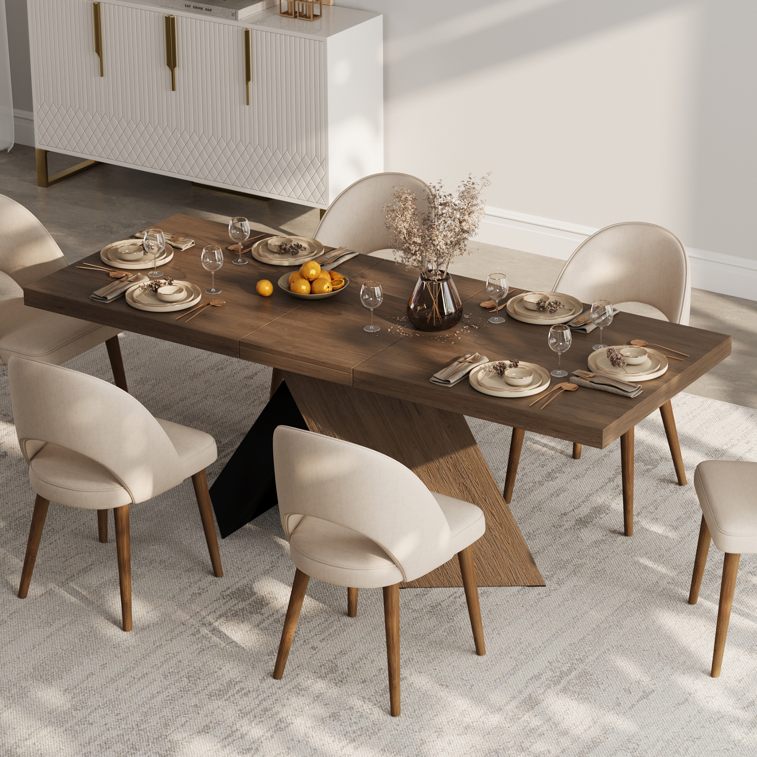 Dining Table Set 64"-79" Rectangle Extendable Dining Table & 4 Archic Japandi Rattan Dining Chairs | Homary