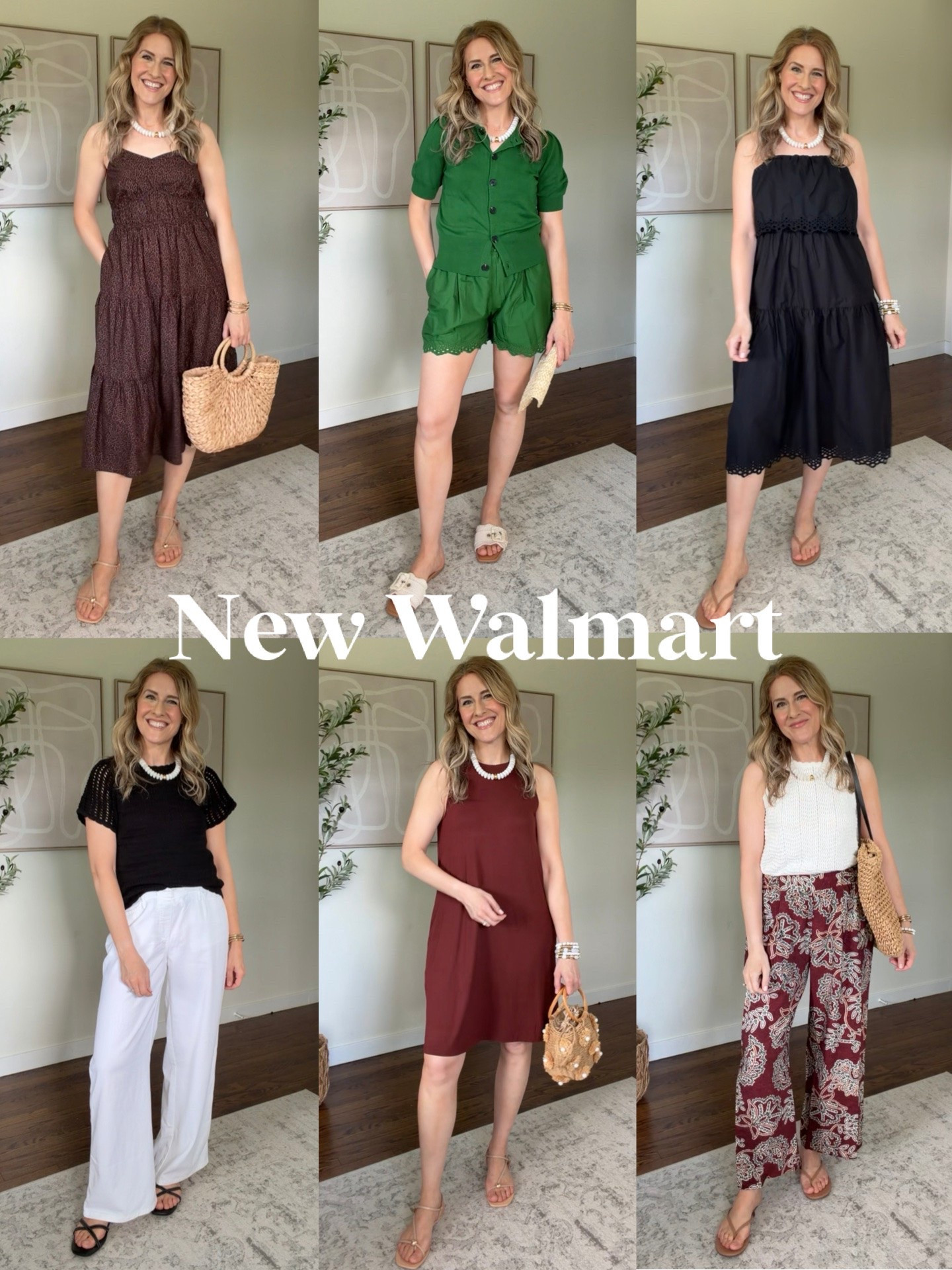 Walmart new summer outfits capsule wardrobe! Everything here fits true to size; I did size up to medium in the brown sleeveless swing dress and the wide leg pants just for a more relaxed fit and I’m 5’8”.  Medium in the white jeans. Small in the green shorts, green cardigan, black sweater tee and both spaghetti strap dresses. White crochet tank is girls size xl (fits like a women’s size small). #walmartfashion

#LTKOver40