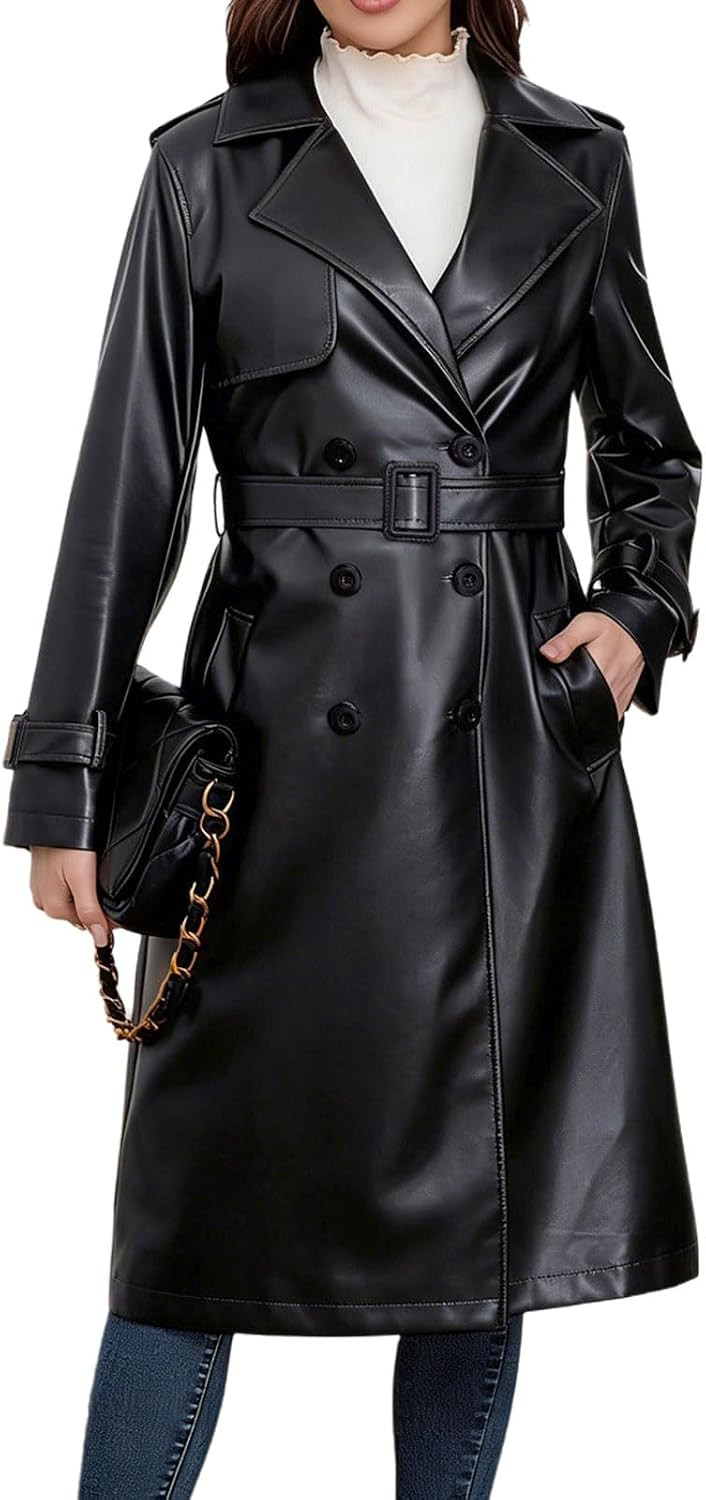 Womens Long Faux Leather Trench Coat Double Breasted Belted Jacket | Amazon (US)