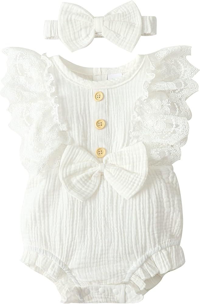 Baby Girl Clothes Newborn Summer Rompers Lace Ruffle Sleeveless One-Pieces Buttons Jumpsuits Bodysui | Amazon (US)