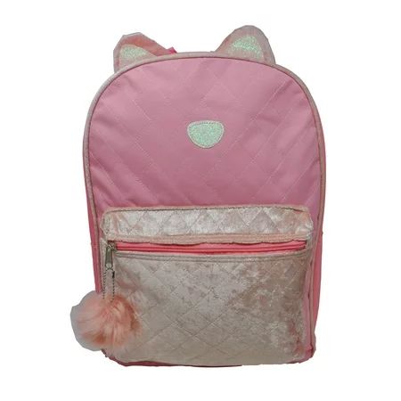 Girls Kitten Backpack Pink 16" Quilted Front Pocket Cat Pom Pom Zipper Pull | Walmart (US)