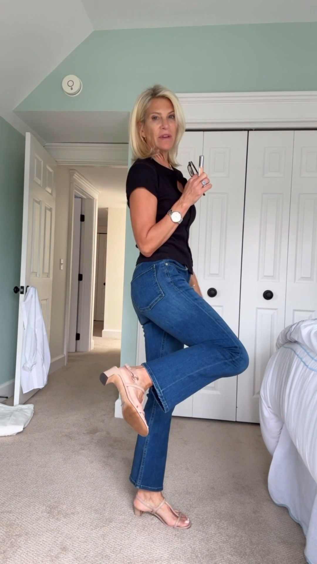 Classic black tee and jeans outfit with heels.

#LTKootd #LTKOver40