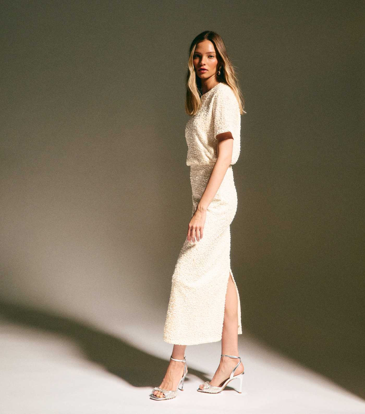 Cream Velvet Sequin Embellished Midi Skirt | New Look | New Look (UK)