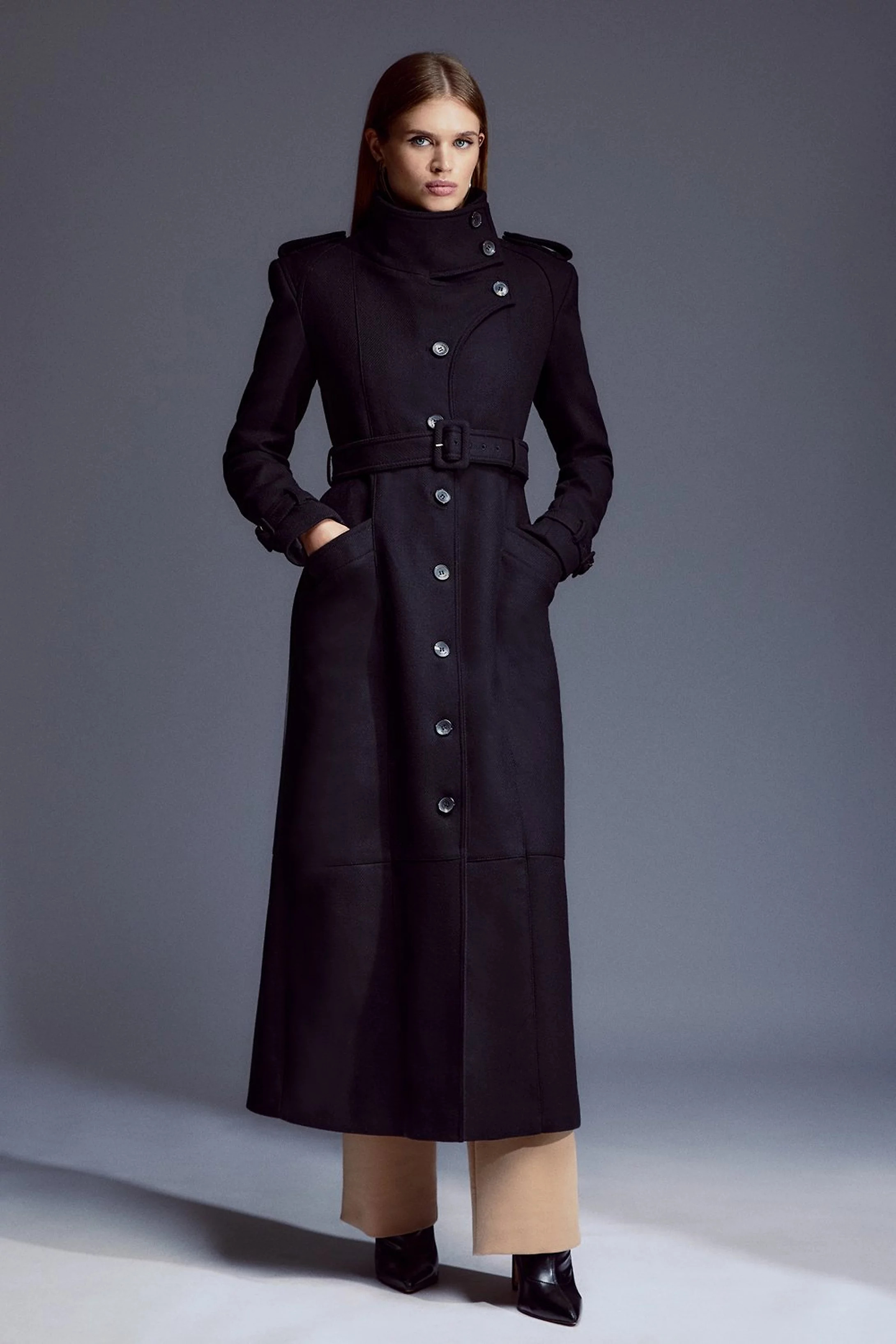 Tailored Wool Blend High Neck Belted Maxi Coat | Karen Millen US