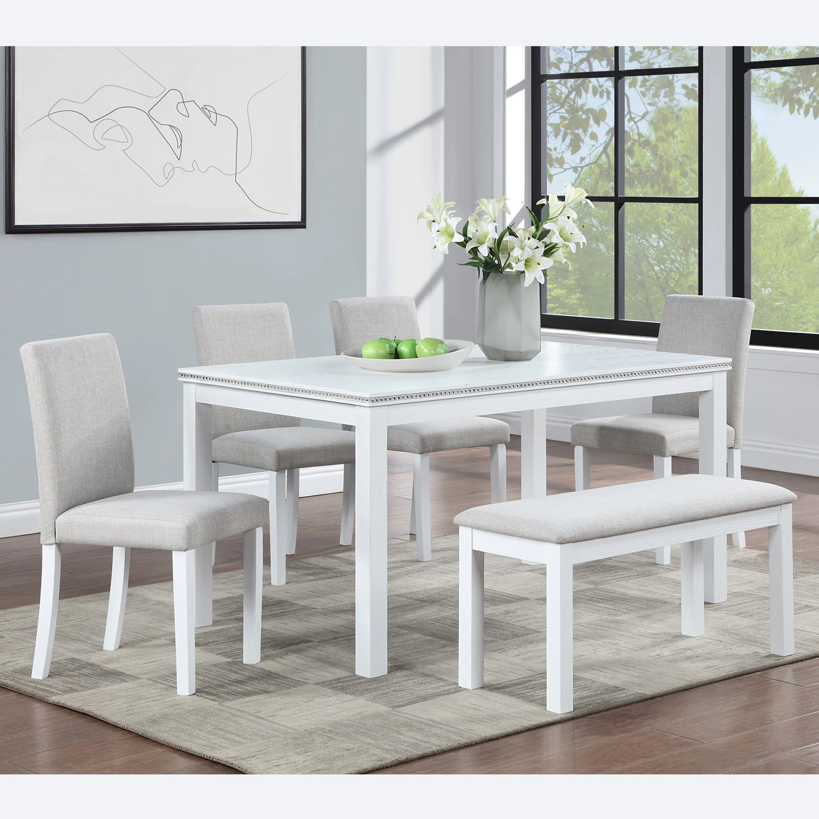 LOVMOR 6 Piece Wooden Dining Table Set Wooden Dining Table with 4 Upholstered Chairs and Bench for 6 People Rectangular Dining Table Set with Crystal | Lowe's