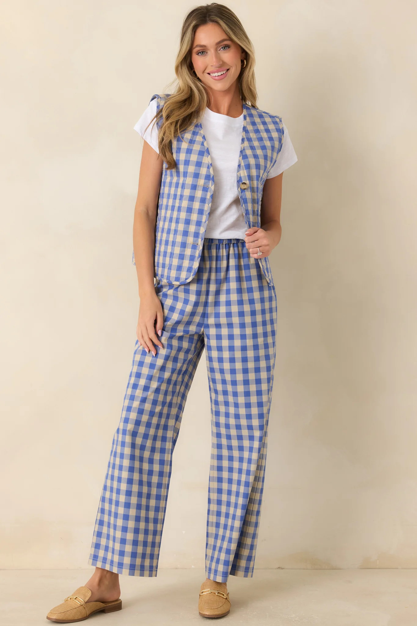 FRNCH Regalia Azure Blue Gingham Cotton Reversible Quilted Cotton Vest | Red Dress