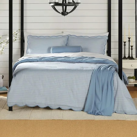 Mainstays Full/Queen Comforter Set, All-Season, 5-Piece, Blue Pick Stitch Scallop | Walmart (US)